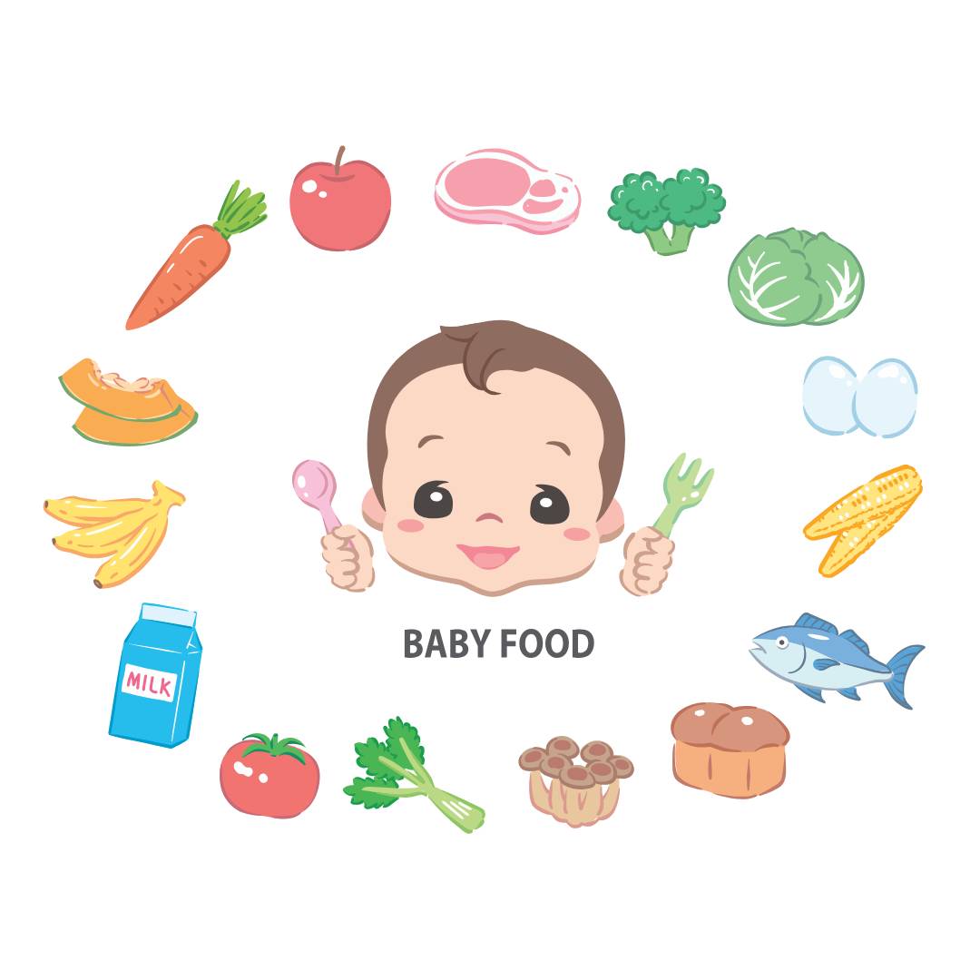 Illustration of a baby's face surrounded by images of different food types