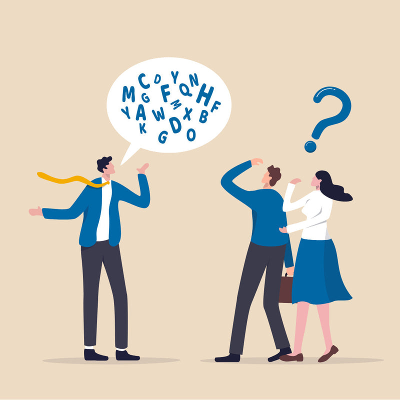 Illustration of a man talking to another man and woman, but they can't understand what he's saying