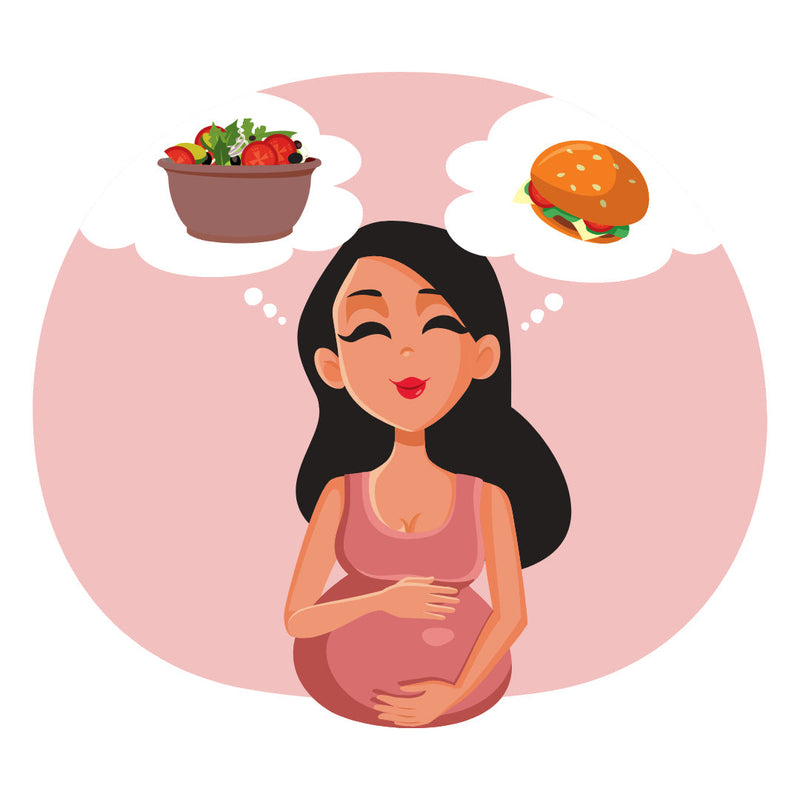 Illustration of a pregnant woman with two food cravings - salad in one thought bubble, a burger in the other.