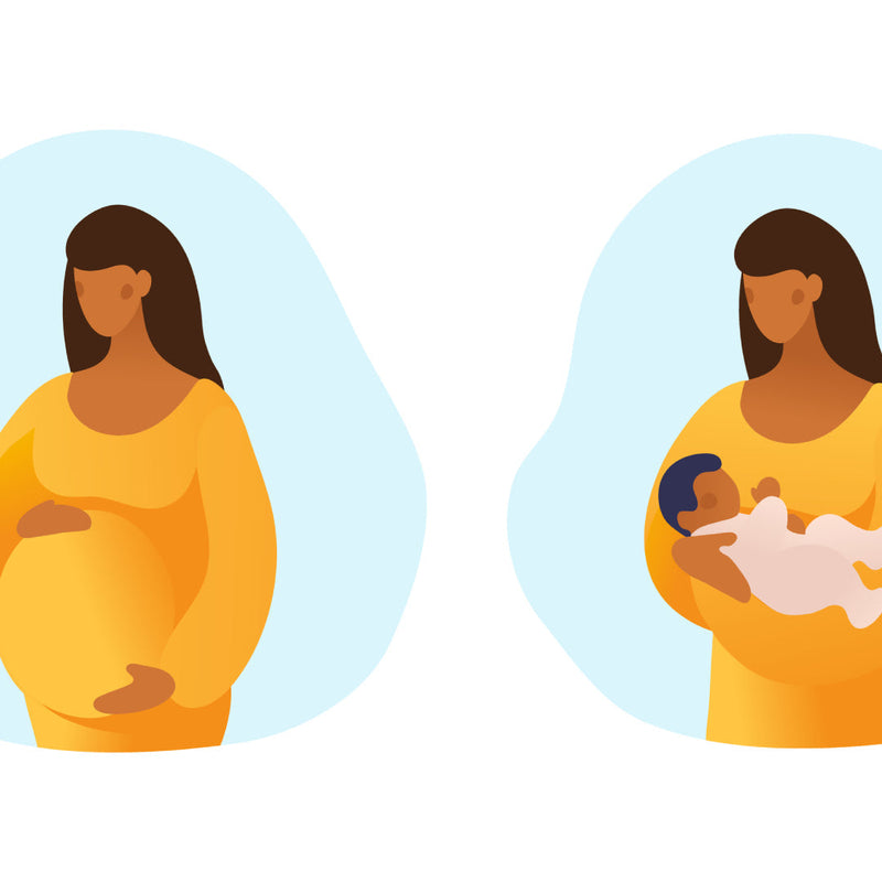 Two illustrations of a woman. First illustration she is pregnant, second illustration she is holding a newborn baby.