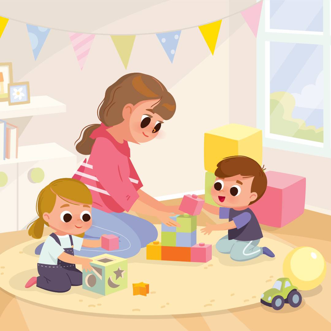 Illustration of a mother playing with her two young children, teaching them about colours and shapes.